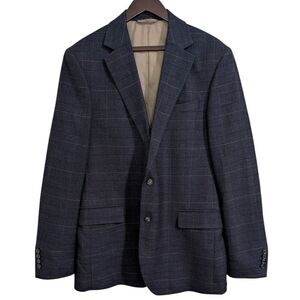 MOSS (Moss Bros) Navy Windowpane Plaid Blazer 44L Tailored Fit